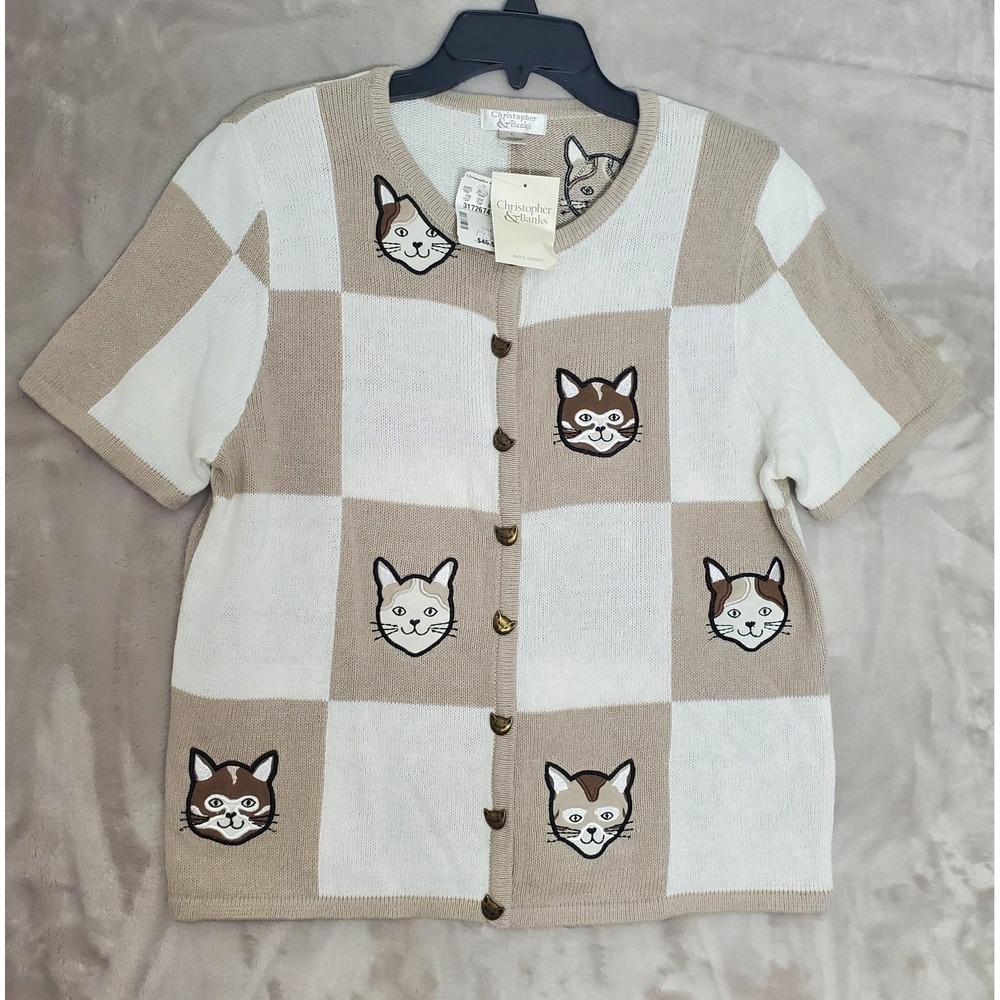 Vintage Christopher & Banks Kitty Cat Cardigan Sweater Women's L Tan & White NWT